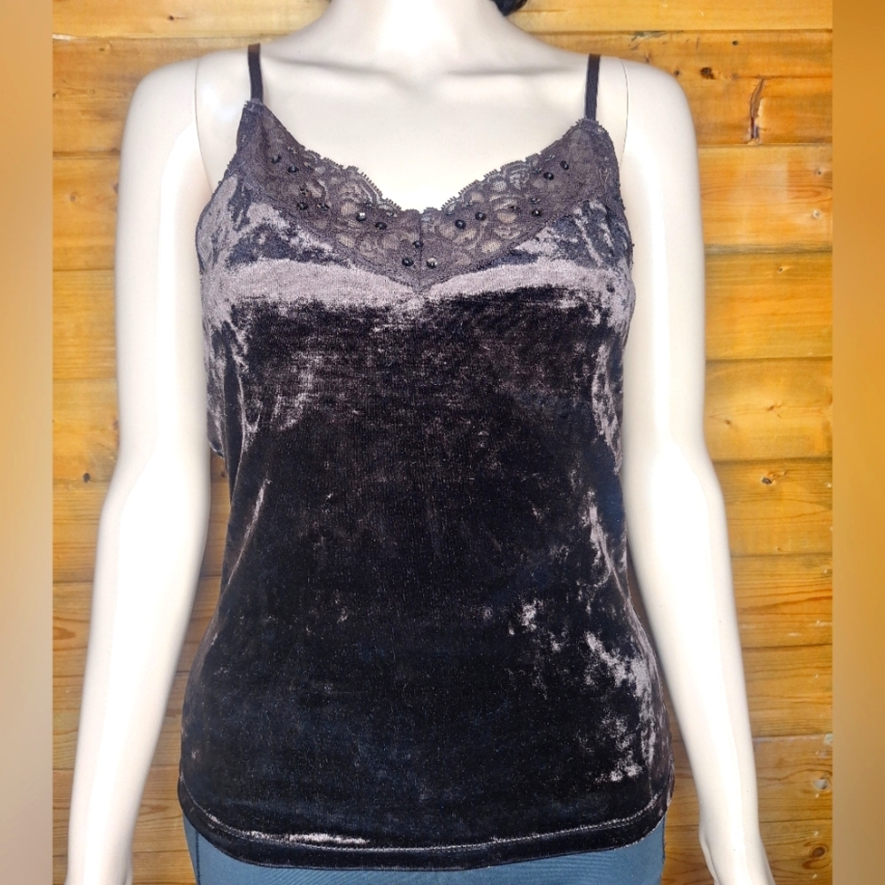 ❤️3/$15 Pacific Heights Brown Velvet Lace Trim Top spaghetti straps W/Bra Size M